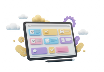 3d illustration of a tablet displaying a colorful user interface with various elements, isolated on transparent background
