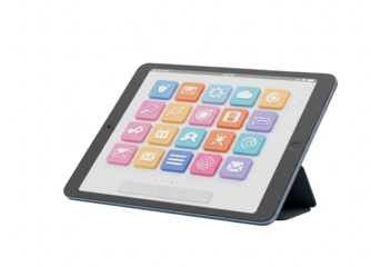 3d illustration of a tablet with a grid of colorful app icons on its screen, isolated on transparent background
