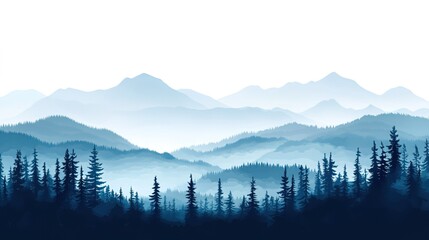 Blue - Toned Mountain Range with Forest Silhouettes and Misty Atmosphere 