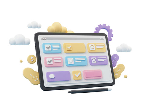 3d illustration of a tablet displaying a colorful user interface with various elements, isolated on transparent background