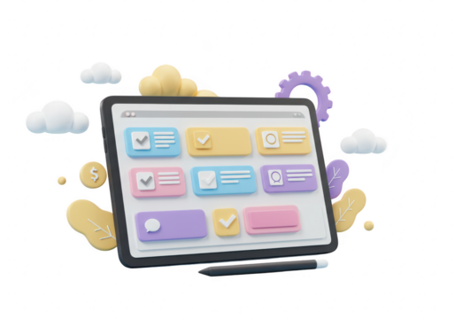 3d illustration of a tablet displaying a colorful user interface with various elements, isolated on transparent background