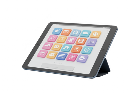 3d illustration of a tablet with a grid of colorful app icons on its screen, isolated on transparent background