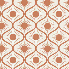 Abstract Retro Terracotta sun on ogee seamless pattern over cream background. For wallpaper, fabric and home d&eacute;cor