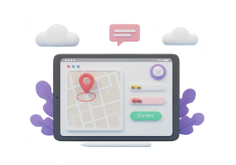 3d illustration of a tablet displaying a map with a location pin and navigation interface, isolated on transparent background