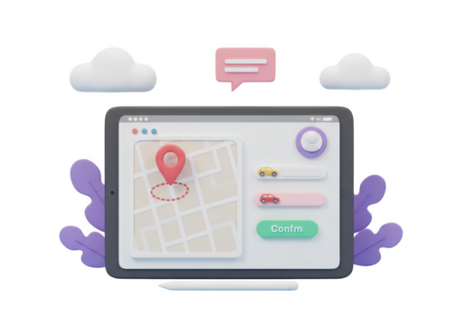 3d illustration of a tablet displaying a map with a location pin and navigation interface, isolated on transparent background