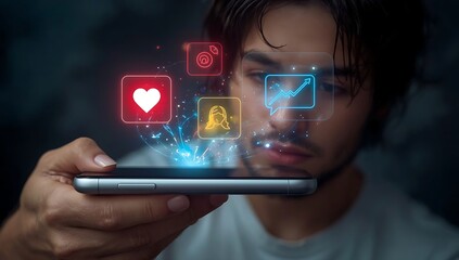 Man holding smartphone with futuristic digital health and security icons