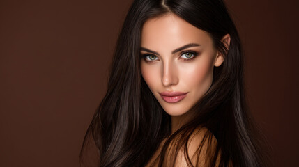 Naklejka premium Stunning portrait of woman with long, dark hair and captivating green eyes, showcasing flawless skin and subtle makeup look against warm brown background. image exudes elegance and beauty