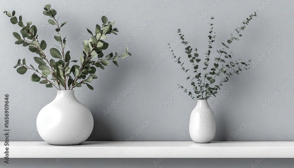 Poster two vases with eucalyptus branches on a white shelf, gray background. use this photo for creating el