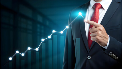 Businessman interacting with glowing digital upward trending graph symbolizing business growth and technological advancement