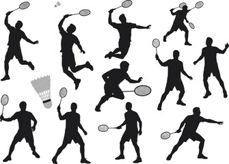 Dynamic and athletic badminton players' silhouettes in various action poses, perfect for a sports graphic design project, vector illustration.