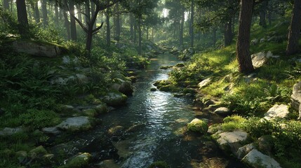 Obraz premium Low-Poly 3D Render of a Tranquil Stream Flowing Through Forest