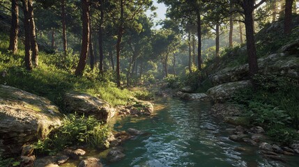 Obraz premium Low-Poly 3D Render of a Tranquil Stream Flowing Through Forest