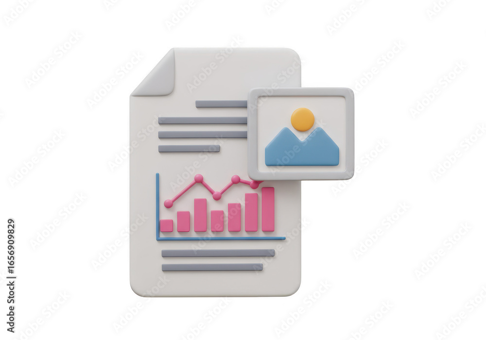 Poster 3d document with financial graph and image icon isolated on transparent background