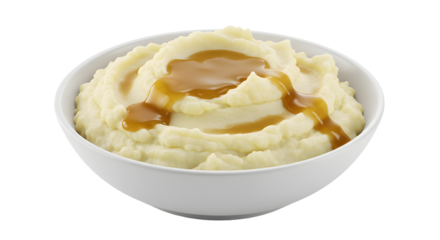 Bowl of mashed potatoes with gravy on transparent background