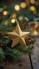 Christmas star ornament with pine branches and lights