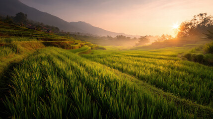Obraz premium Lush green rice terraces stretch across landscape, illuminated by warm glow of sunrise. misty mountains in background create serene and tranquil atmosphere, perfect for nature lovers