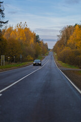 Autumn landscape and sunny evening, orange road and highway, asphalt and roadside.