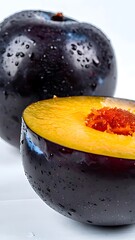 Close-up view of a halved plum with water droplets.