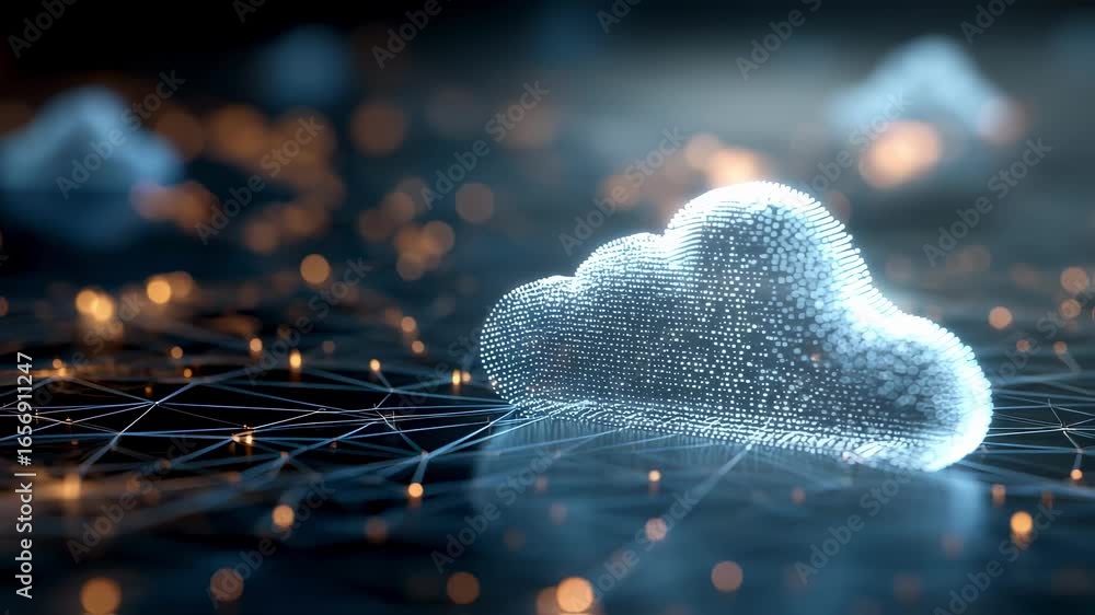 Poster sharp closeup on a stylized cloud server icon layered on blurred digital nodes emphasizing scalabili
