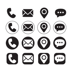 Contact icon set, line, and solid style. Web symbols for address, location, phone, mobile, email, message, chat, call, support, information, business card vector collection, and communication.