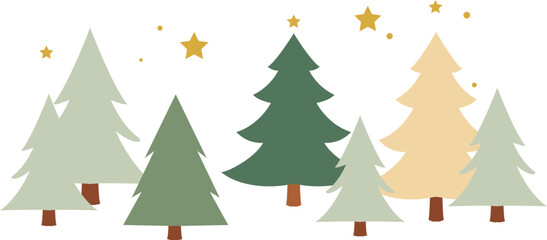 A charming illustration of various stylized christmas trees in shades of green and beige, adorned with small golden stars