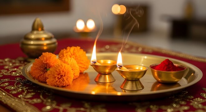 Traditional indian puja thali with lit diyas, marigold flowers, and kumkum powder, symbolizing auspiciousness and devotion during religious rituals