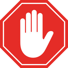 Red octagon stop sign with white raised hand symbol for caution, restriction, danger, prohibition, safety warning