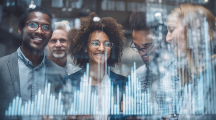 Empowered professionals collaborate modern office, analyzing data digital screen. Their expressions reflect enthusiasm and teamwork, showcasing diverse group engaged innovative discussions