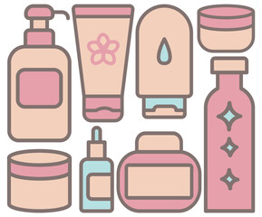 Vector illustration featuring assorted cosmetic items in soft pink and beige hues. Bottles, tubes, jars, droppers ideal for beauty, skincare, spa themes. Versatile for branding, marketing, digital use