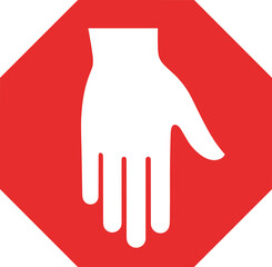 Red octagon warning sign with white hand stop symbol indicating danger, prohibition, restriction, caution, safety alert