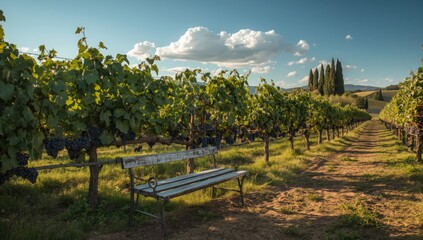 Fototapeta premium Bench in vineyard with rows of grape vines under a blue sky with white clouds in the countryside