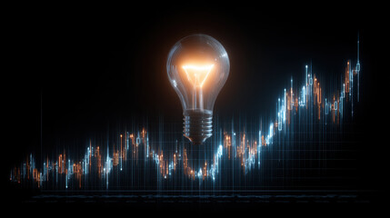 Glowing light bulb symbolizes innovation and ideas, set against backdrop of rising financial graph. This represents growth, creativity, and fusion of technology with finance, evoking sense