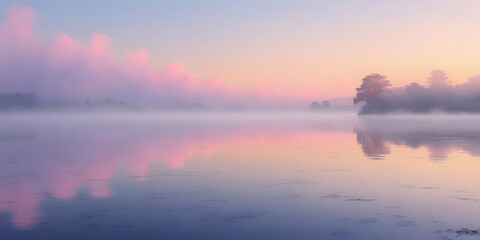 Naklejka premium Misty Lake Reflecting Sunrise Clouds