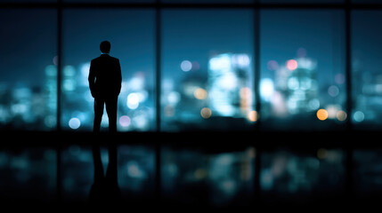 Fototapeta premium Silhouette of businessman stands against city skyline at night, reflecting determination and ambition. vibrant lights of city create dynamic backdrop, symbolizing opportunity and success