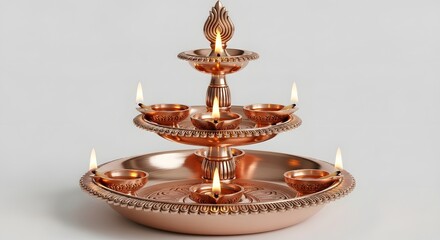 Elegant multitiered copper diya oil lamp stand, adorned with intricate patterns and lit with multiple warm glowing flames, symbolizing prosperity and auspiciousness, isolated on a white background