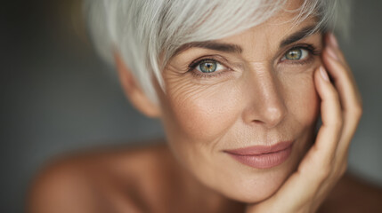 Fototapeta premium Mature woman with short, silver hair and striking green eyes gently touches her face, exuding confidence and grace. Her skin shows natural beauty and character, reflecting life well lived