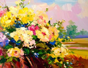 Colorful floral bouquet landscape painting