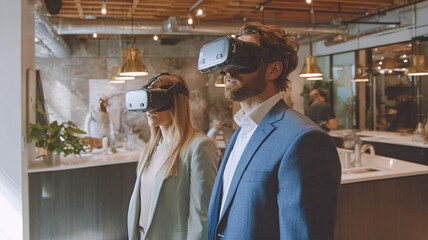 Business VR demo: people wearing virtual reality headsets testing a product in a showroom environment.