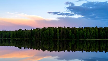 Tranquil lake reflecting a vibrant sunset sky over a dense forest.