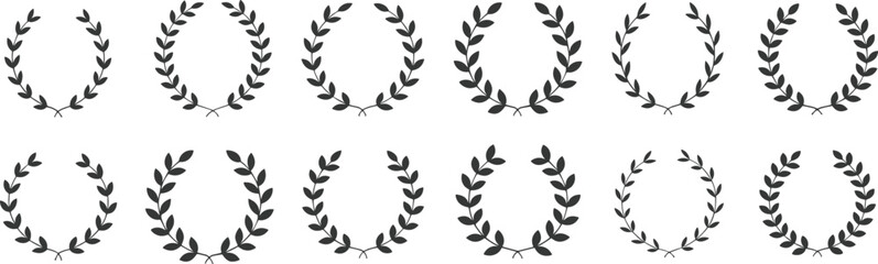 Vector laurel wreath set, award and victory symbols, black leaf decoration elements for design and achievement