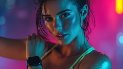 Athletic woman displaying smartwatch during fitness workout session with colorful neon lighting technology concept