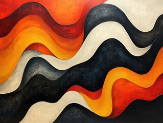 Modern art with flowing wave pattern of red, orange, black, and white. Perfect as an artistic backdrop or creative abstract design element.