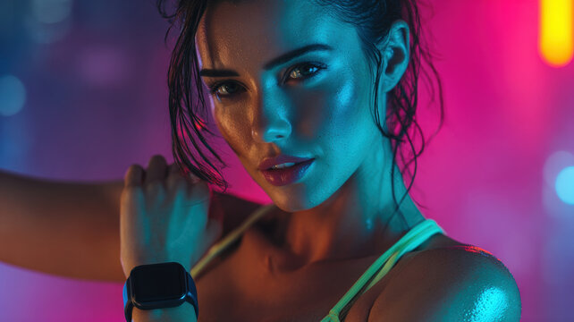 Athletic woman displaying smartwatch during fitness workout session with colorful neon lighting technology concept - Powered by Adobe