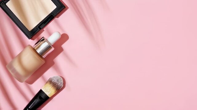 Slow rotation of makeup products for skin tone. Brush for foundation, bb cream, powder in a square case on a pink background top view with the shadow of swaying palm leaves
