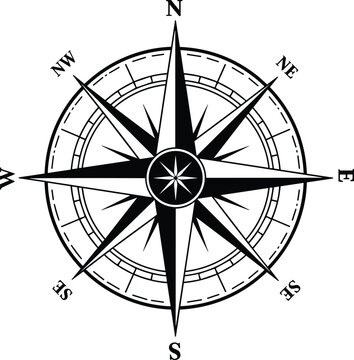 Vintage compass rose illustration, nautical navigation symbol, wind directions, maritime map design, black and white graphic