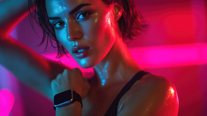 Athletic woman displaying smartwatch during fitness workout session with colorful neon lighting technology concept