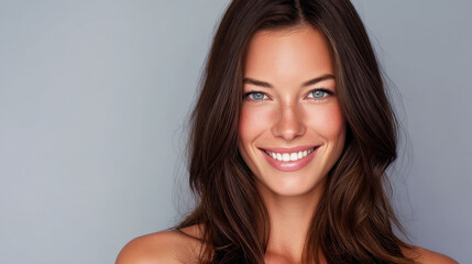Naklejka premium Smiling woman with long, dark hair and bright blue eyes poses against neutral background, exuding confidence and warmth. Her natural beauty is highlighted by soft lighting