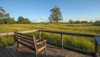 Wooden bench on a deck overlooking a field of tall grass with trees under a blue sky in the distance