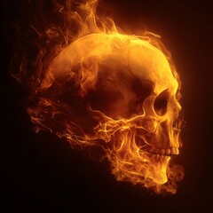 Fototapeta premium Burning skull with flames glowing on a dark background, Halloween design