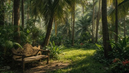 Fototapeta premium Ornate wooden bench nestled in a lush tropical garden with palm trees and dense vegetation visible